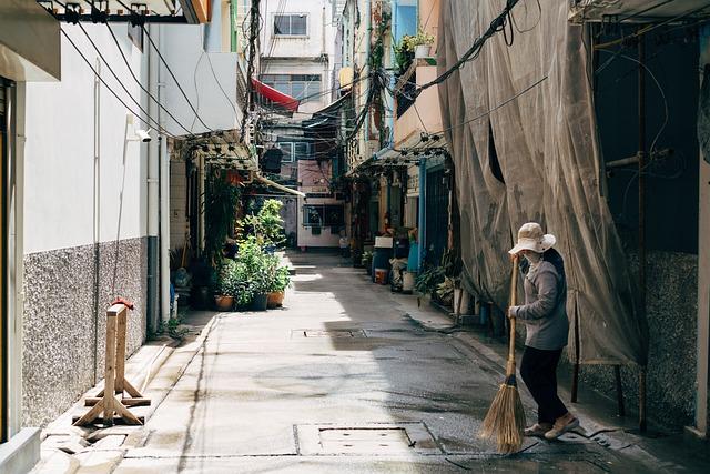 woman, broom, workers